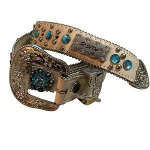 BHW Vintage Women’s White Leather Blue/Silver Rhinestone Studded Western/Cowgirl
